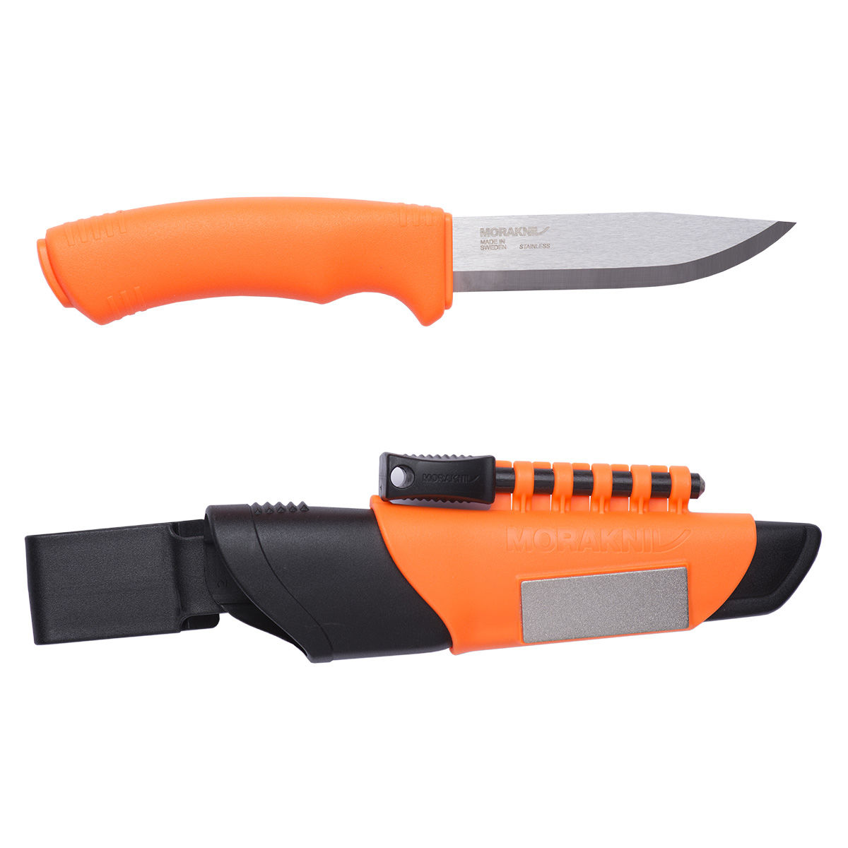 Couteau Mora bushcraft survival orange: pierre à feu, aiguiseur